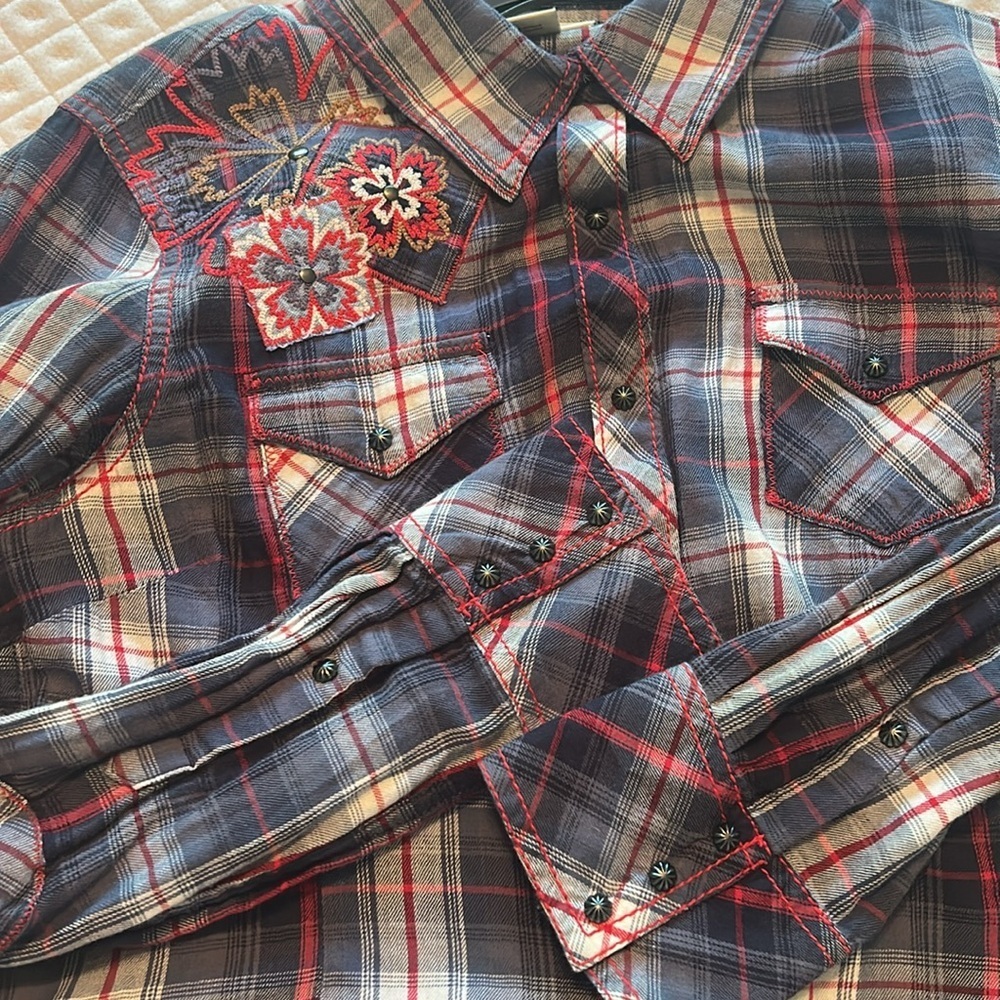 ARIAT Women Plaid Blue Red Cotton Button Up Size M Ranch Country Western Cowgirl - Picture 7 of 13